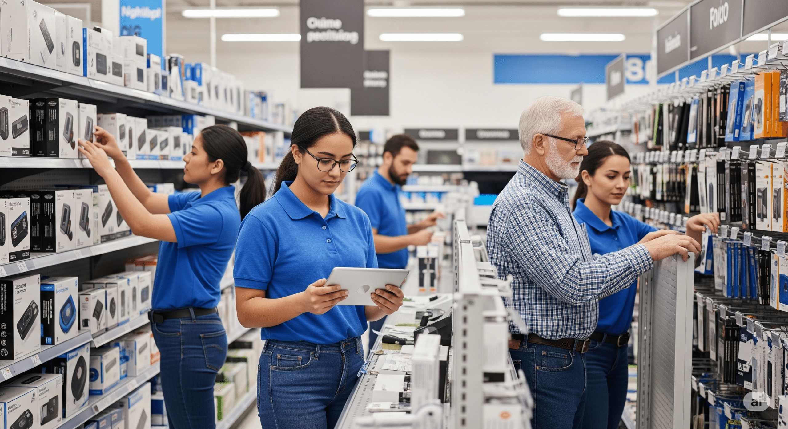 An eye-level shot of a retail merchandising team executing a store reset. A woman with glasses in the foreground holds a tablet, referencing a digital planogram, while other team members stock shelves with electronic accessories in the background. The scene conveys professionalism, teamwork, and attention to detail.
